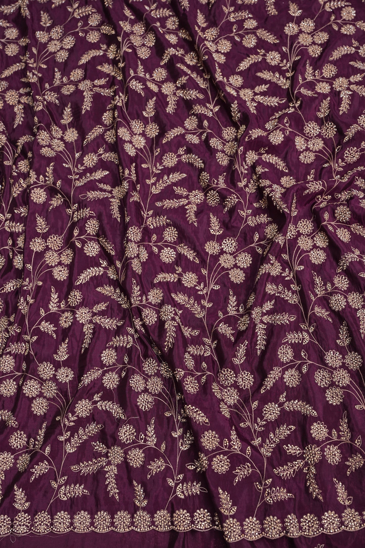 Party Wear Chinon Crepe Silk Saree with Zari Floral Jaal - Rich Plum