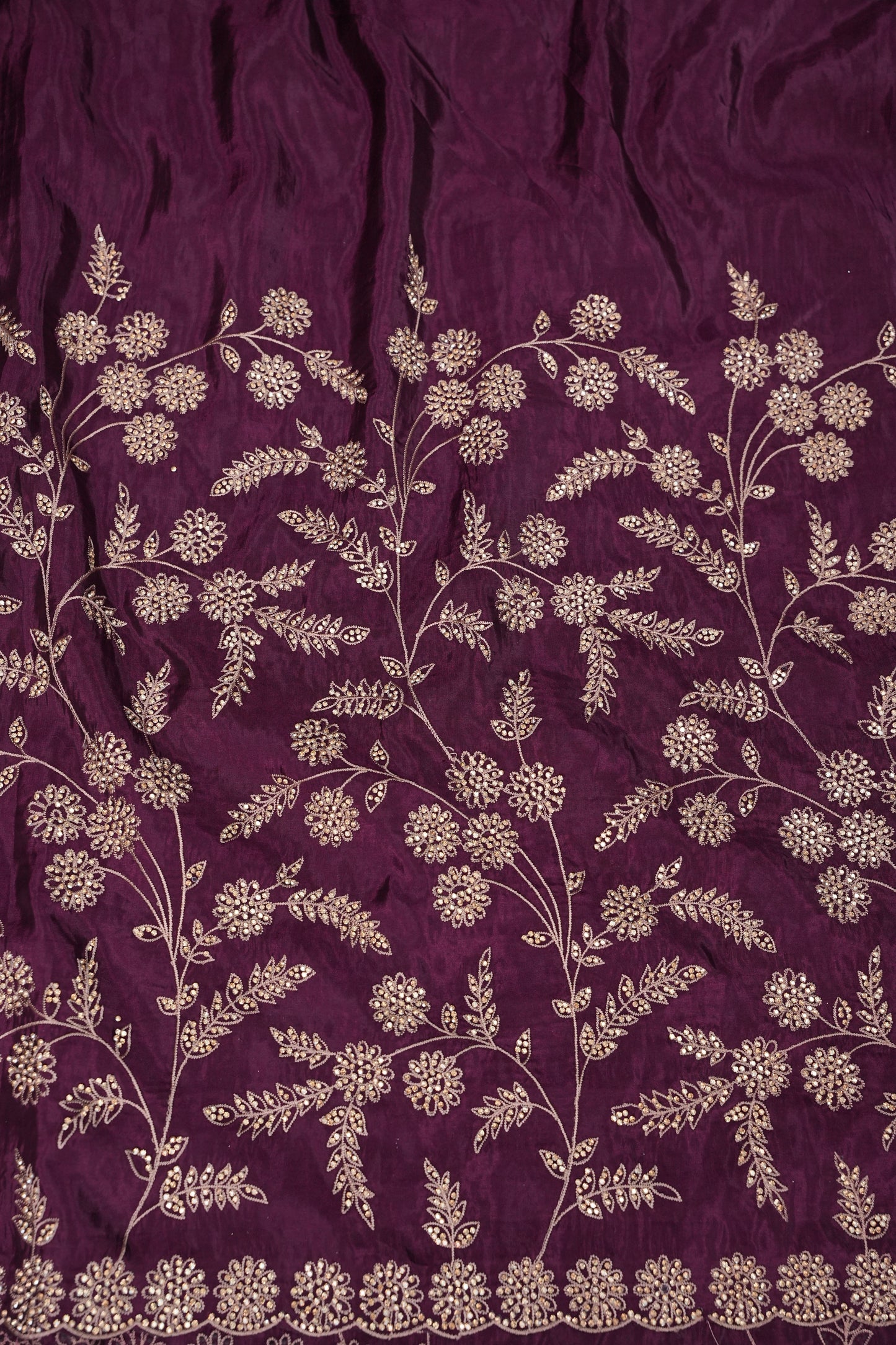 Party Wear Chinon Crepe Silk Saree with Zari Floral Jaal - Rich Plum