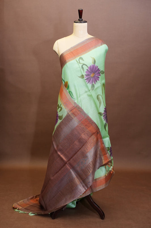 Floral Printed Pure Tussar Silk Saree-Pistachio|Silk Mark Certificate