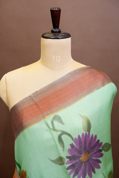 Floral Printed Pure Tussar Silk Saree-Pistachio|Silk Mark Certificate