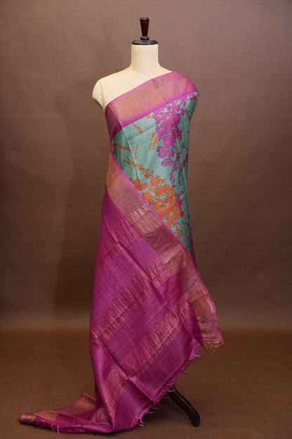 Floral Printed Pure Tussar Silk Saree-Teal Green|Silk Mark Certificate