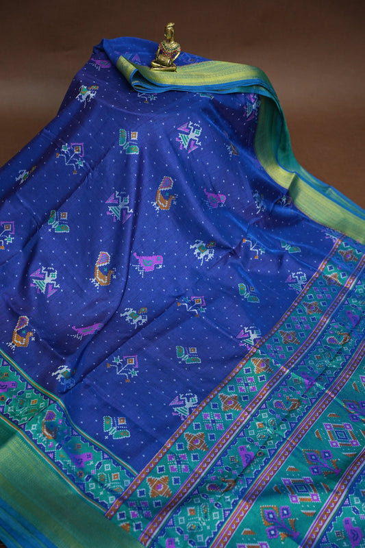 Royal Blue Semi Silk Saree with Traditional Ikat-Inspired Woven Motifs & Designer Pallu