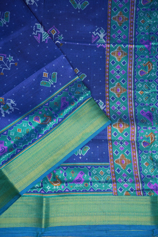 Royal Blue Semi Silk Saree with Traditional Ikat-Inspired Woven Motifs & Designer Pallu