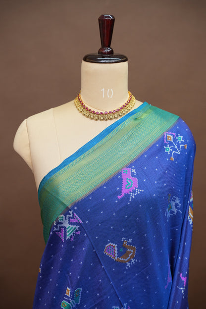 Royal Blue Semi Silk Saree with Traditional Ikat-Inspired Woven Motifs & Designer Pallu