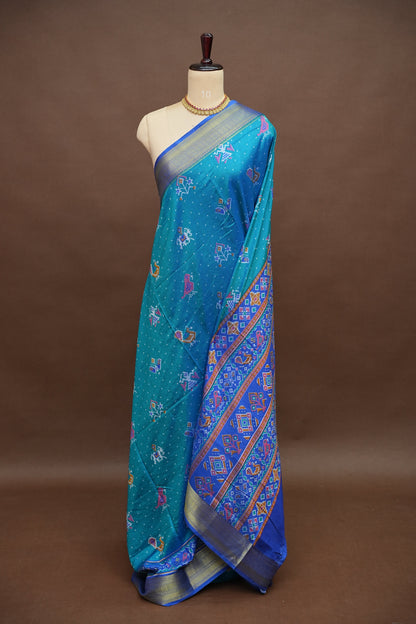 Teal Blue Semi Silk Saree with Traditional Ikat-Inspired Woven Motifs & Designer Pallu