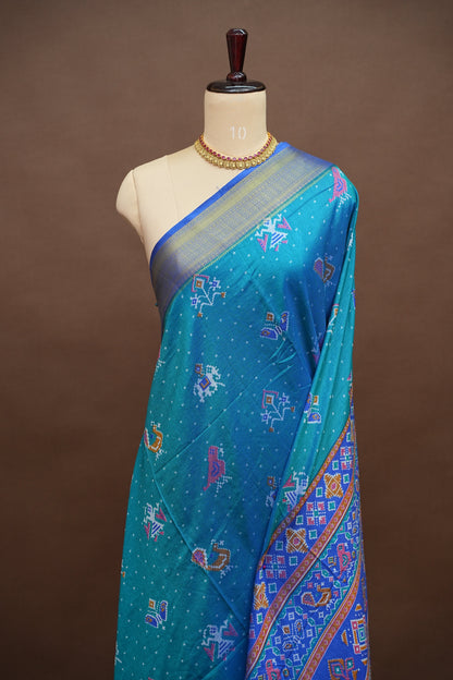 Teal Blue Semi Silk Saree with Traditional Ikat-Inspired Woven Motifs & Designer Pallu