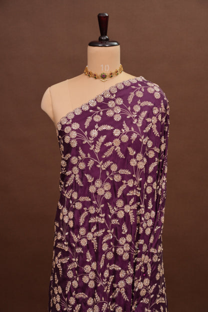 Party Wear Chinon Crepe Silk Saree with Zari Floral Jaal - Rich Plum