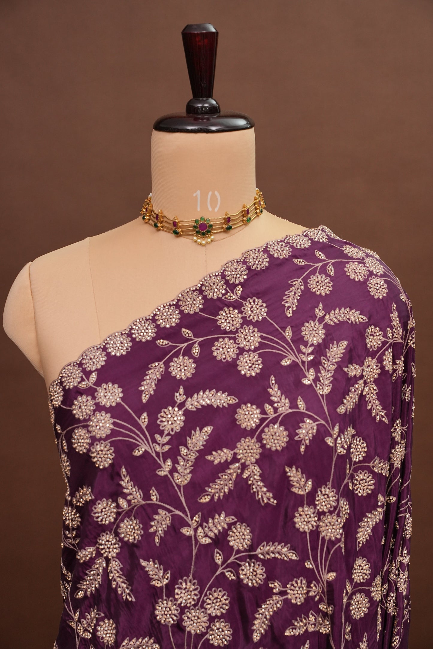 Party Wear Chinon Crepe Silk Saree with Zari Floral Jaal - Rich Plum