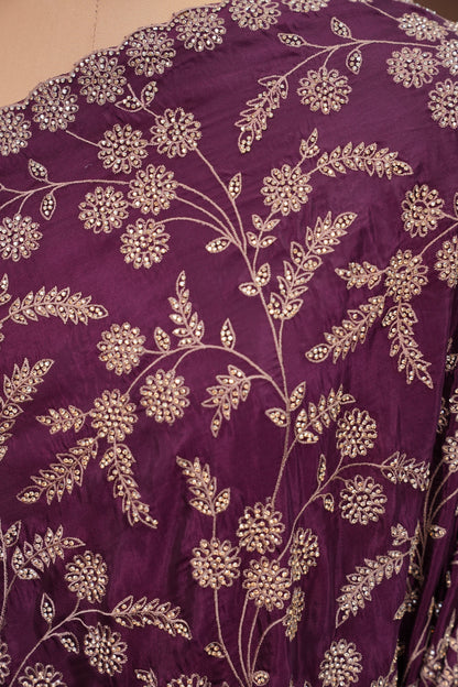Party Wear Chinon Crepe Silk Saree with Zari Floral Jaal - Rich Plum