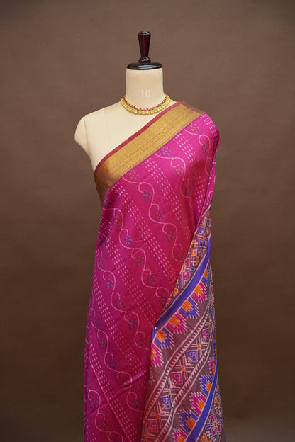 Magenta Pink Semi Silk Saree with Elegant Ikat-Inspired Weaves & Designer Pallu