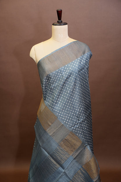Geometric Patterned Pure Tussar Silk Saree-Grey|Silk Mark Certificate