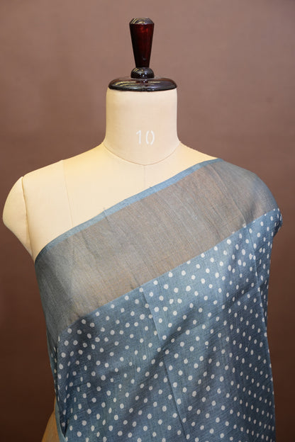 Geometric Patterned Pure Tussar Silk Saree-Grey|Silk Mark Certificate