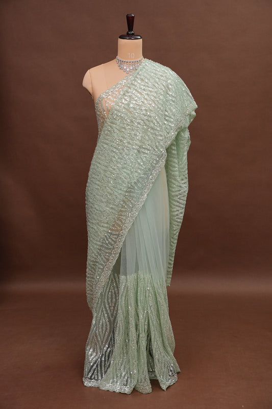 Party Wear Saree with Silver Bead & Sequin Embellishments - Mint Green