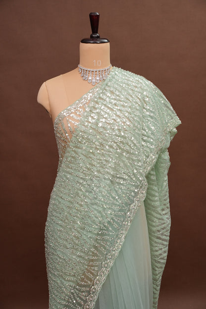 Party Wear Saree with Silver Bead & Sequin Embellishments - Mint Green