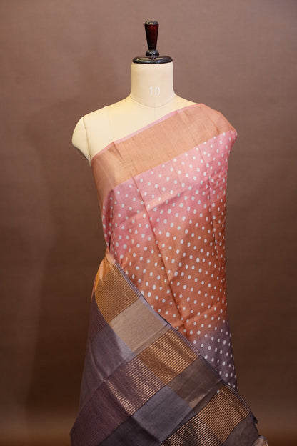 Geometric Patterned Pure Tussar Silk Saree-Multitoned|Silk Mark Certificate