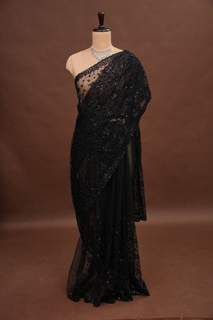 Party Wear Net Saree with Sequins & Ready to wear blouse - Black