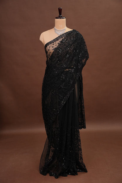 Party Wear Net Saree with Sequins & Ready to wear blouse - Black
