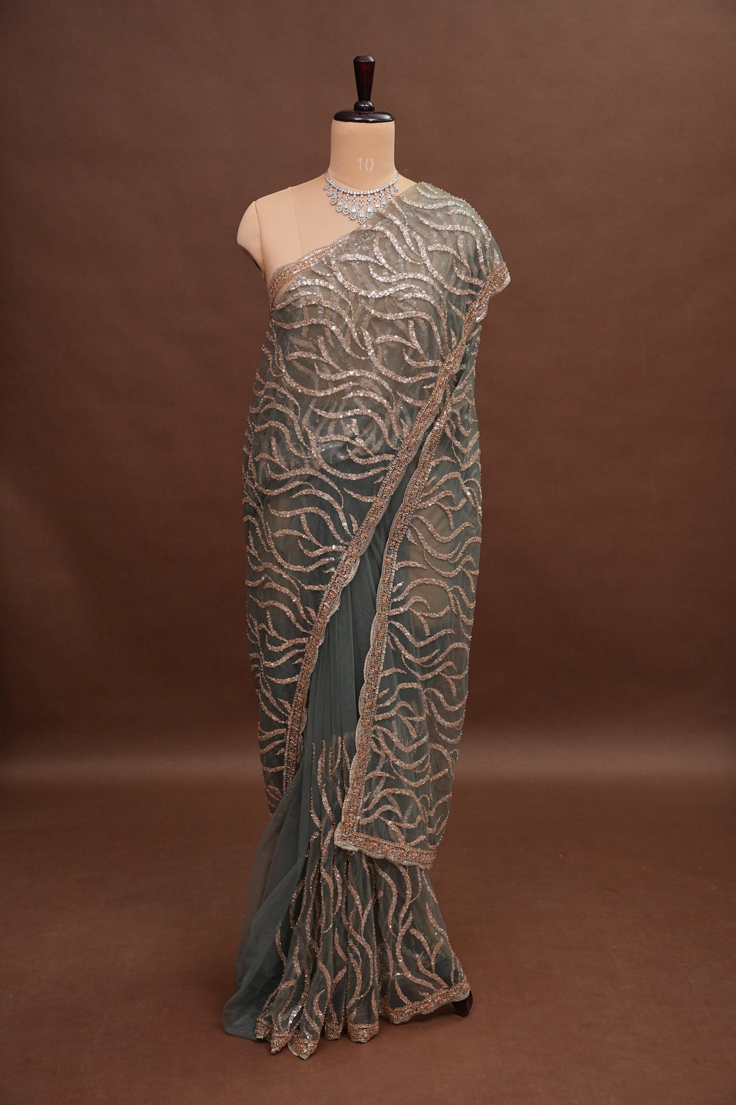 Party Wear Saree with Silver Bead & Sequin Embellishments - Deep Grey