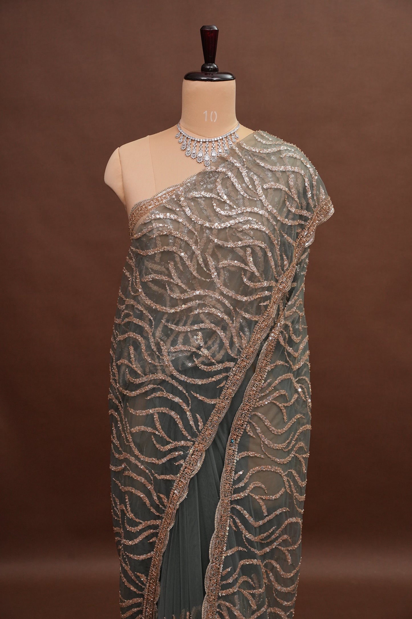 Party Wear Saree with Silver Bead & Sequin Embellishments - Deep Grey