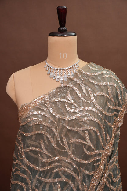 Party Wear Saree with Silver Bead & Sequin Embellishments - Deep Grey