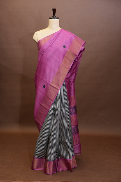 Geometric Patterned Pure Tussar Silk Saree-Pink|Silk Mark Certificate