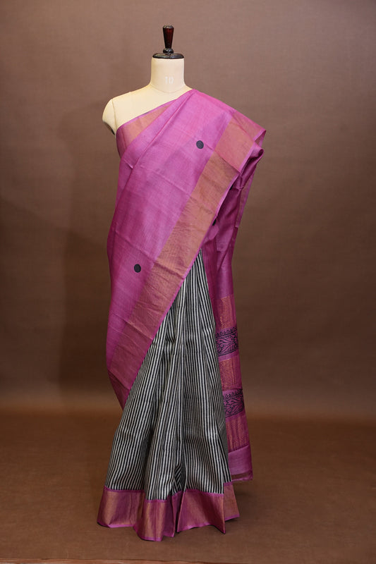 Geometric Patterned Pure Tussar Silk Saree-Pink|Silk Mark Certificate