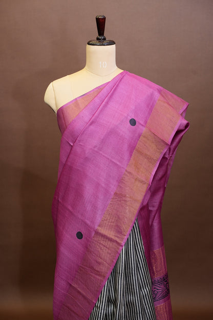 Geometric Patterned Pure Tussar Silk Saree-Pink|Silk Mark Certificate
