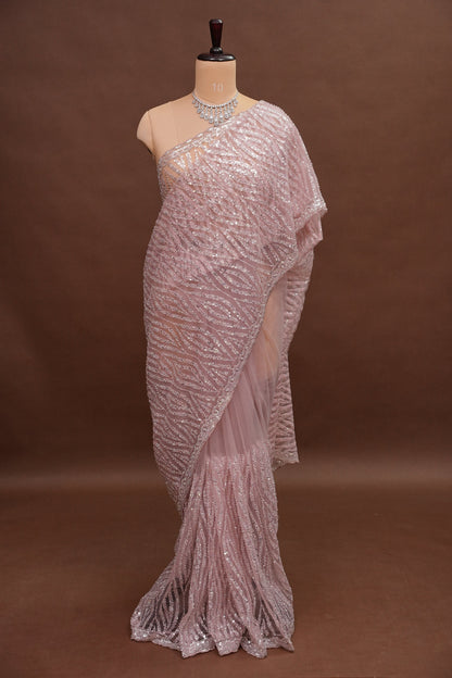 Party Wear Saree with All-Over Silver Bead & Sequin Embellishments - Blush Pink
