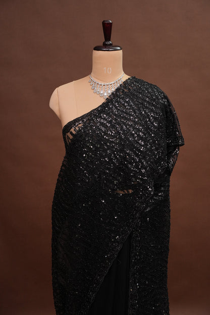 Party Wear Saree with Silver Bead & Sequin Embellishments - Black