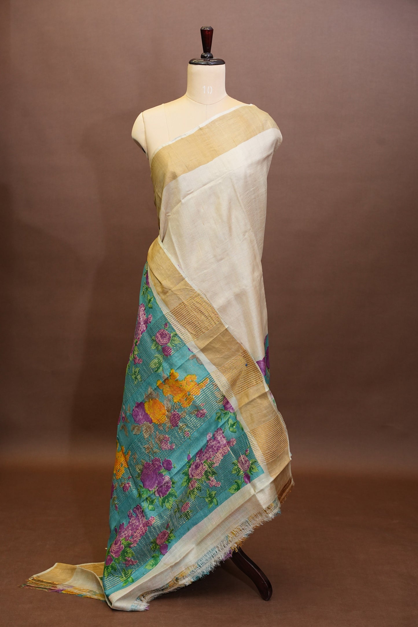 Floral Printed Pure Tussar Silk Saree-Half white|Silk Mark Certificate