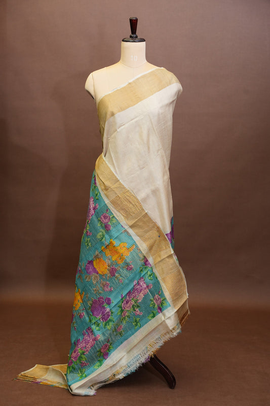 Floral Printed Pure Tussar Silk Saree-Half white|Silk Mark Certificate