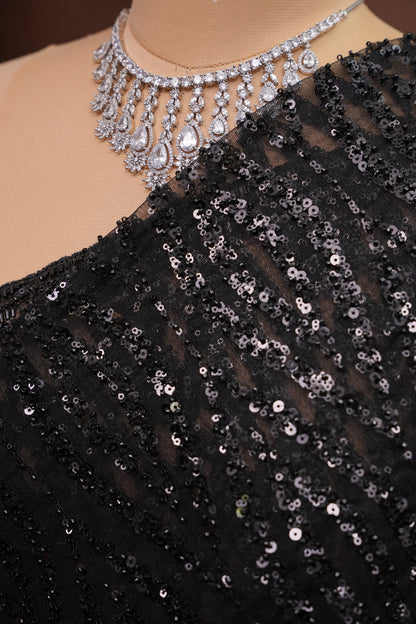 Party Wear Saree with Silver Bead & Sequin Embellishments - Black