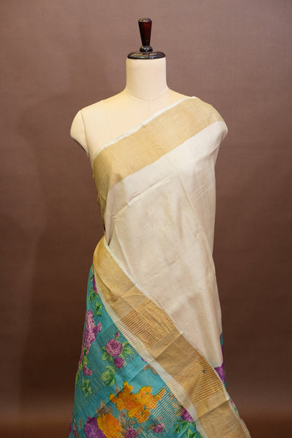 Floral Printed Pure Tussar Silk Saree-Half white|Silk Mark Certificate