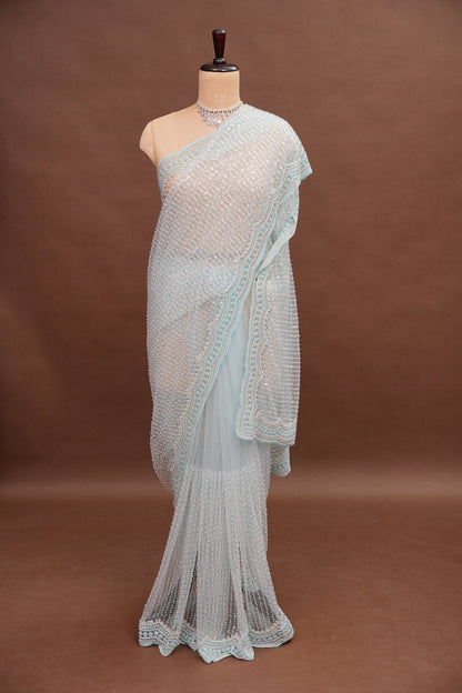 Party Wear Saree with All-Over Bead & Sequin Embellishments - Ice Blue