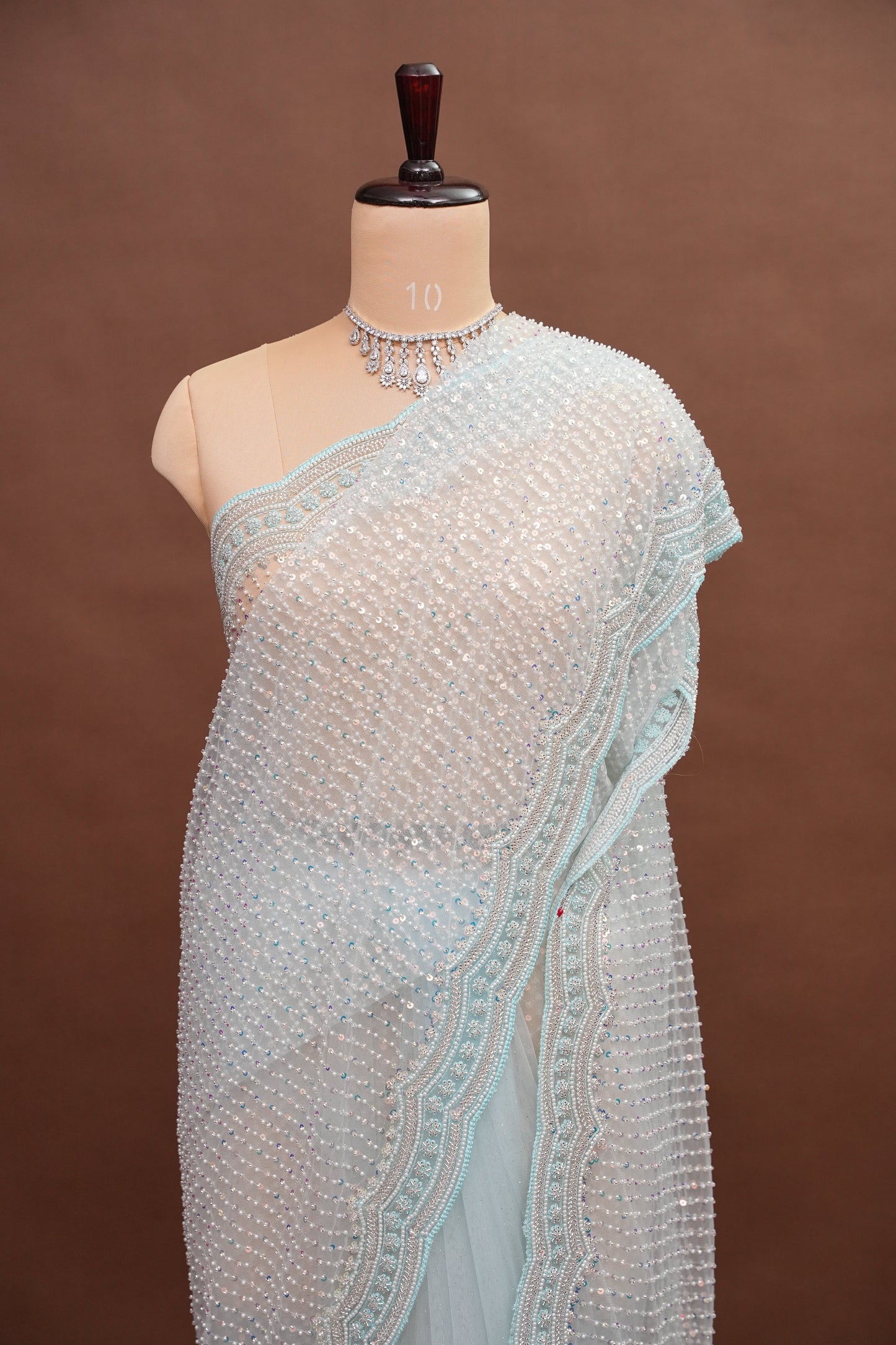 Party Wear Saree with All-Over Bead & Sequin Embellishments - Ice Blue