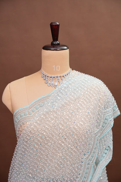 Party Wear Saree with All-Over Bead & Sequin Embellishments - Ice Blue