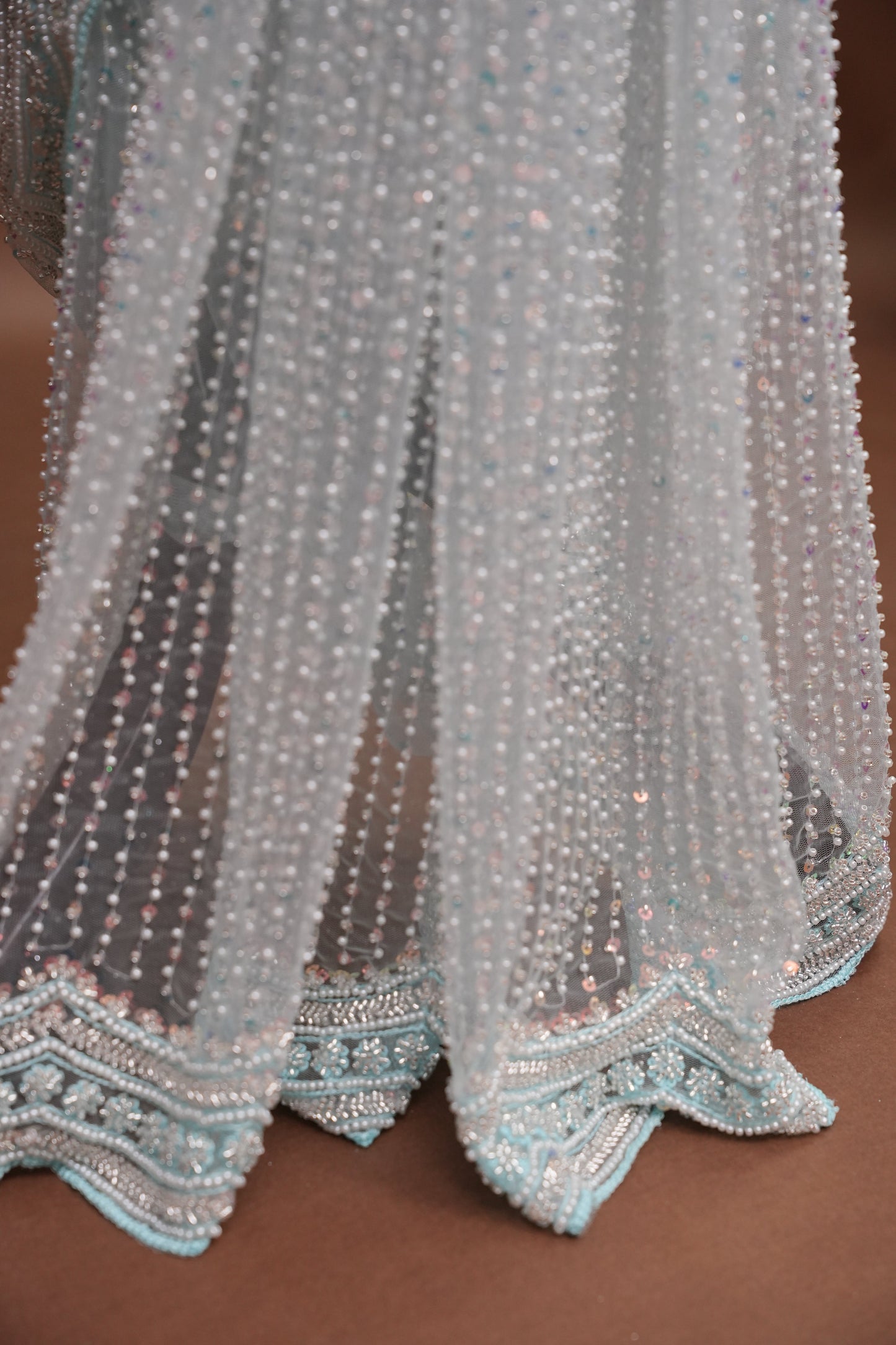 Party Wear Saree with All-Over Bead & Sequin Embellishments - Ice Blue