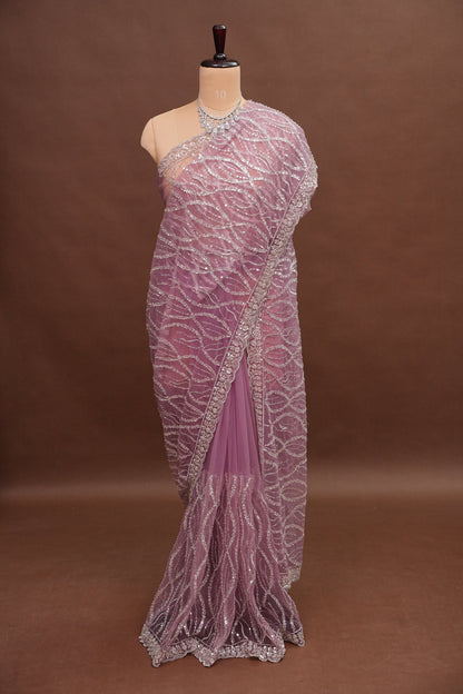 Party Wear Saree with Silver Bead & Sequin Embroidery - Blush Pink