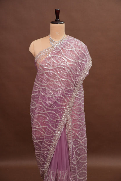 Party Wear Saree with Silver Bead & Sequin Embroidery - Blush Pink