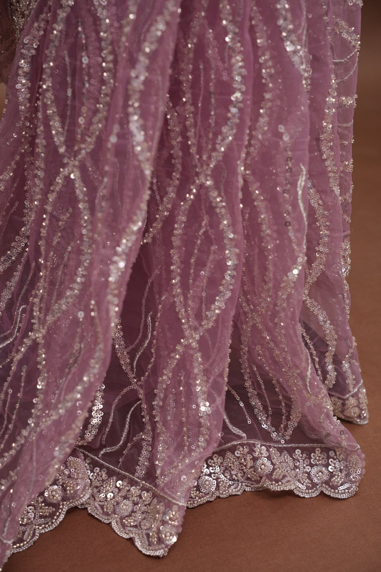 Party Wear Saree with Silver Bead & Sequin Embroidery - Blush Pink