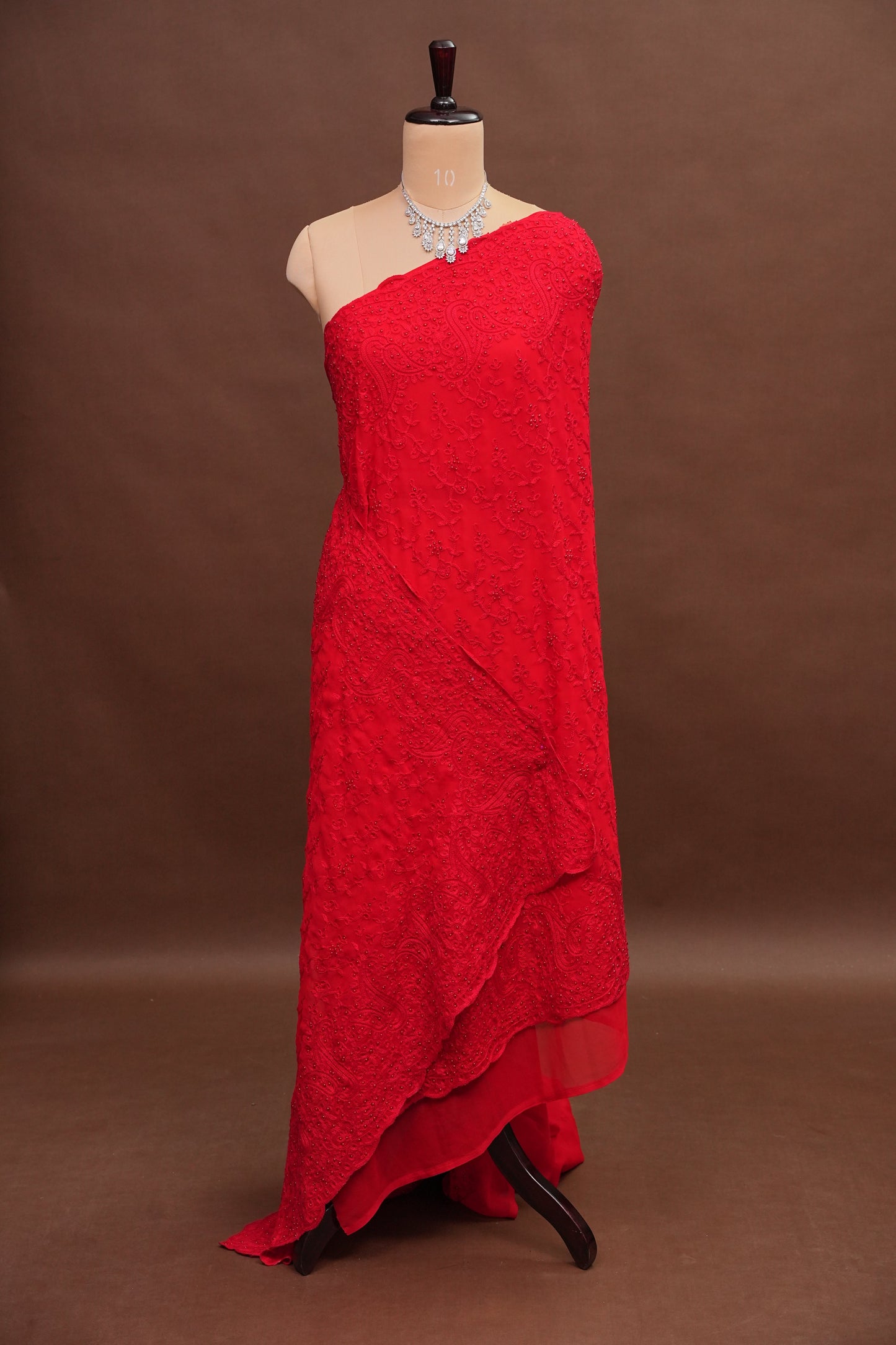 Party Wear Georgette Saree with Tone-on-Tone Embroidery - Scarlet Red