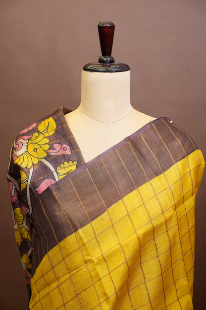 Pure Tussar Silk Saree with Handpainted Blouse-|Silk Mark Certified