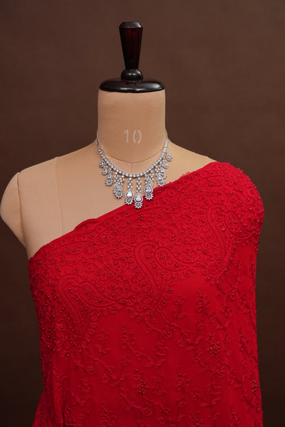 Party Wear Georgette Saree with Tone-on-Tone Embroidery - Scarlet Red