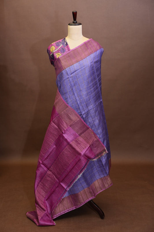 Pure Tussar Silk Saree with Handpainted Blouse-Purple|Silk Mark Certified