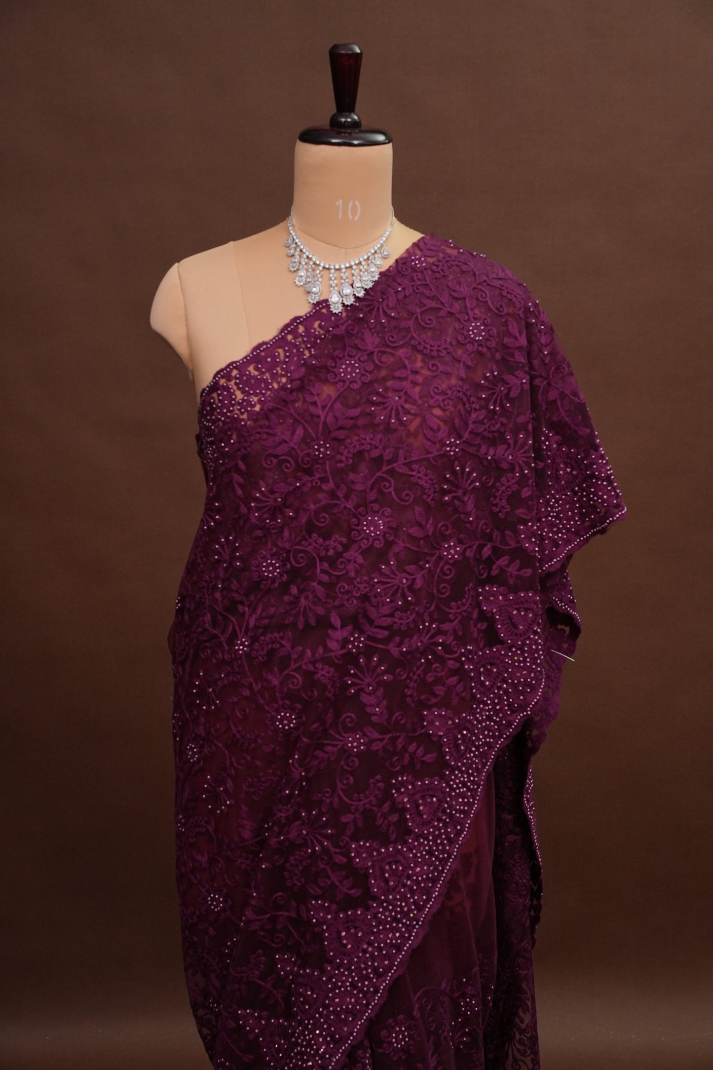 Party Wear Net Saree with Self-Tone Floral Embroidery - Deep Wine