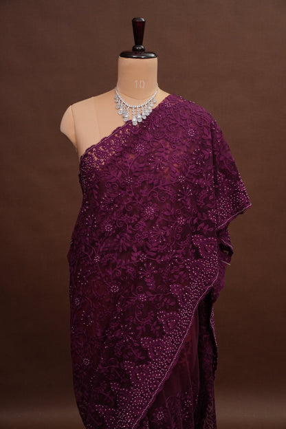 Party Wear Net Saree with Self-Tone Floral Embroidery - Deep Wine