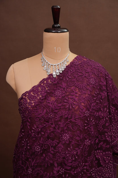 Party Wear Net Saree with Self-Tone Floral Embroidery - Deep Wine