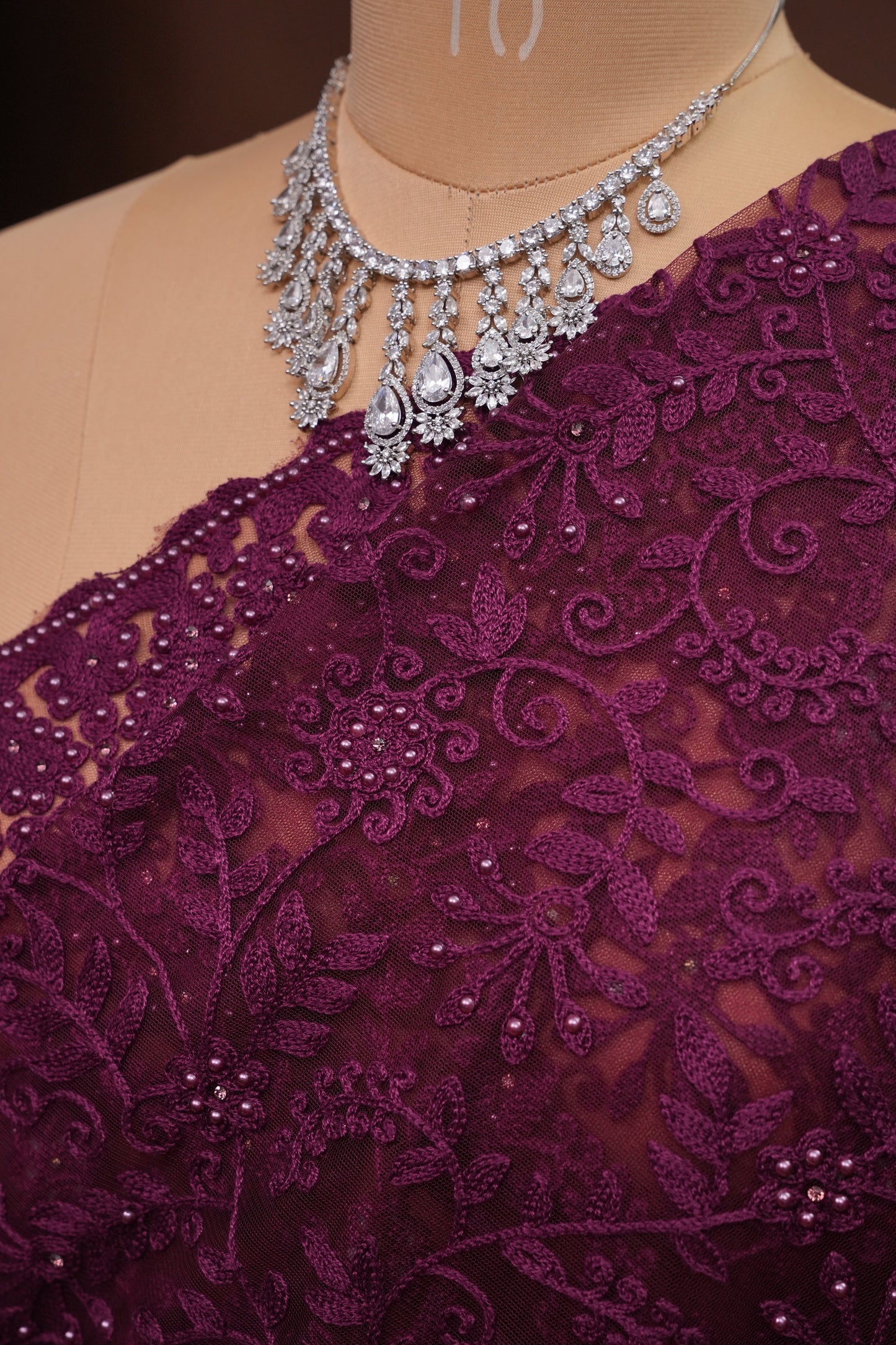 Party Wear Net Saree with Self-Tone Floral Embroidery - Deep Wine