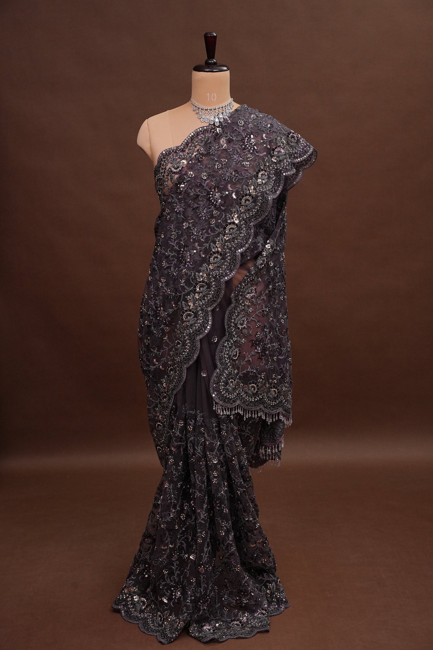 Party Wear Net Saree with Multi-Tone Sequin Embroidery - Purple Grey