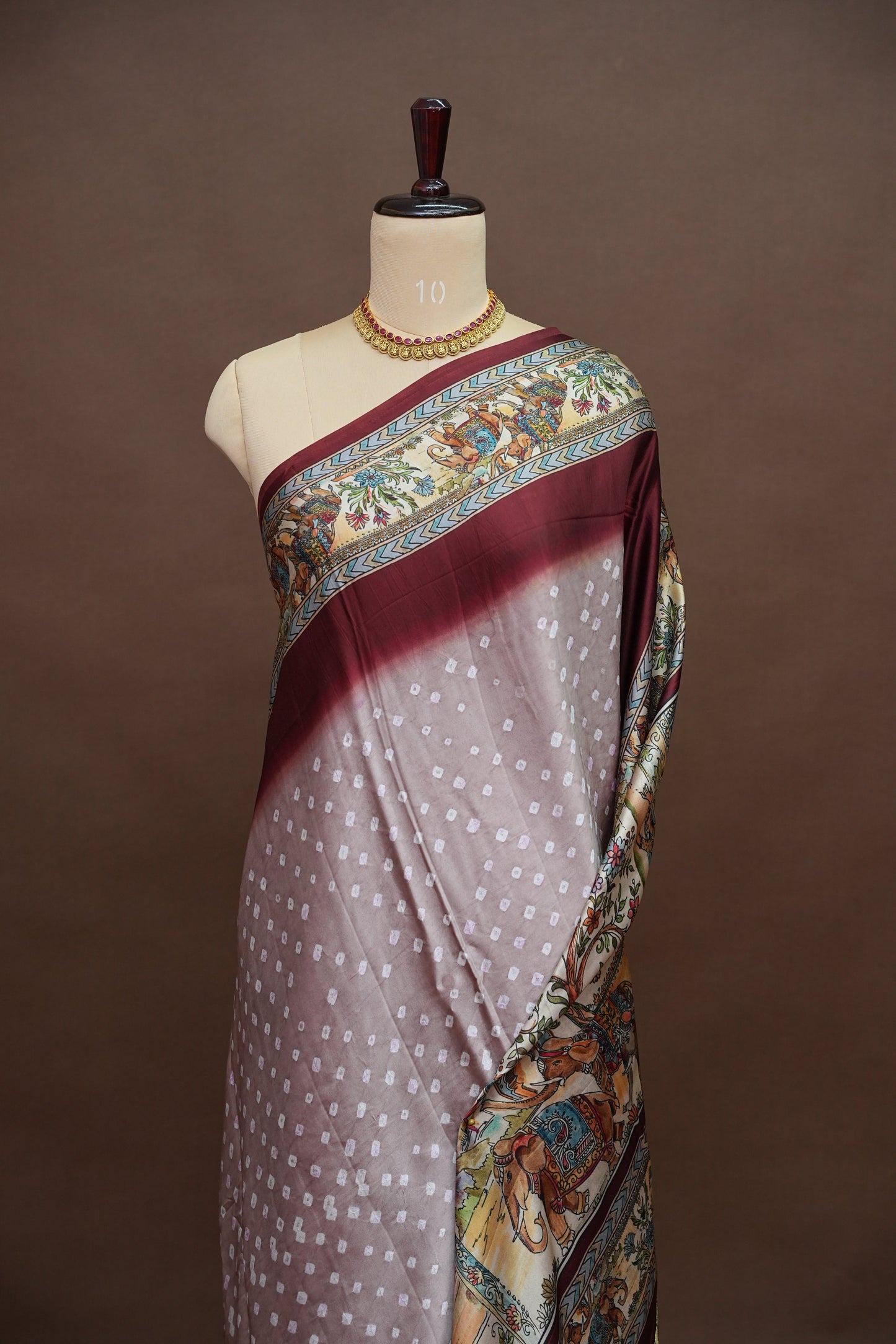 Pure Gajji Silk Saree in Nude with Bandhej Pallu & Royal Elephant Digital Print